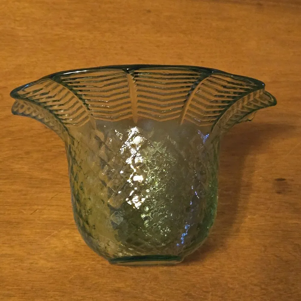 Vintage Green Glass Bowl Vase Patterned Base Flared Rippled Rim, 3 X 5.5